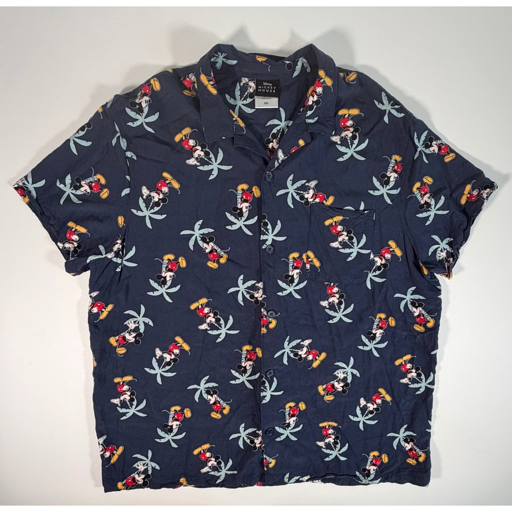 Disney Mickey Mouse Tropical Hawaiian Camp Shirt Men's XXL 100% Rayon Palm Tree